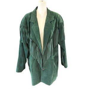 Vintage P.E. Canada Green Suede Fringe Jacket Size L Made in Canada